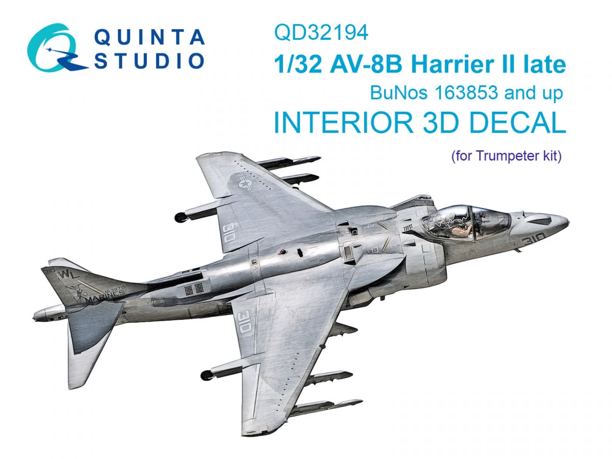 Quinta Studio QD32194 AV-8B Harrier II late 3D-Printed &amp;amp; colored Interior on decal paper (Trumpeter) 1/32