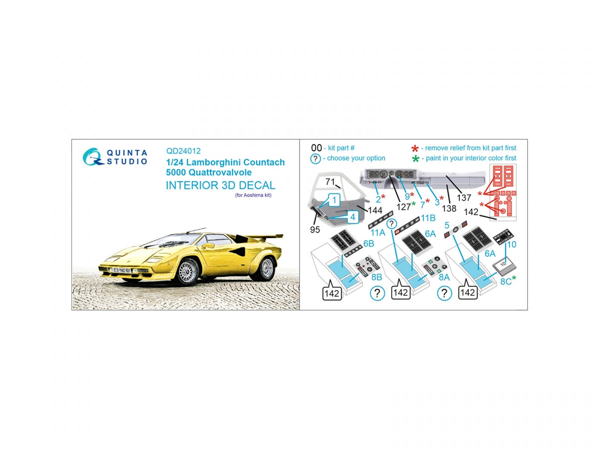 Quinta Studio QD24012 Lamborghini Countach 5000 QV 3D-Printed colored Interior on decal paper (Aoshima) 1/24 – Bild 2