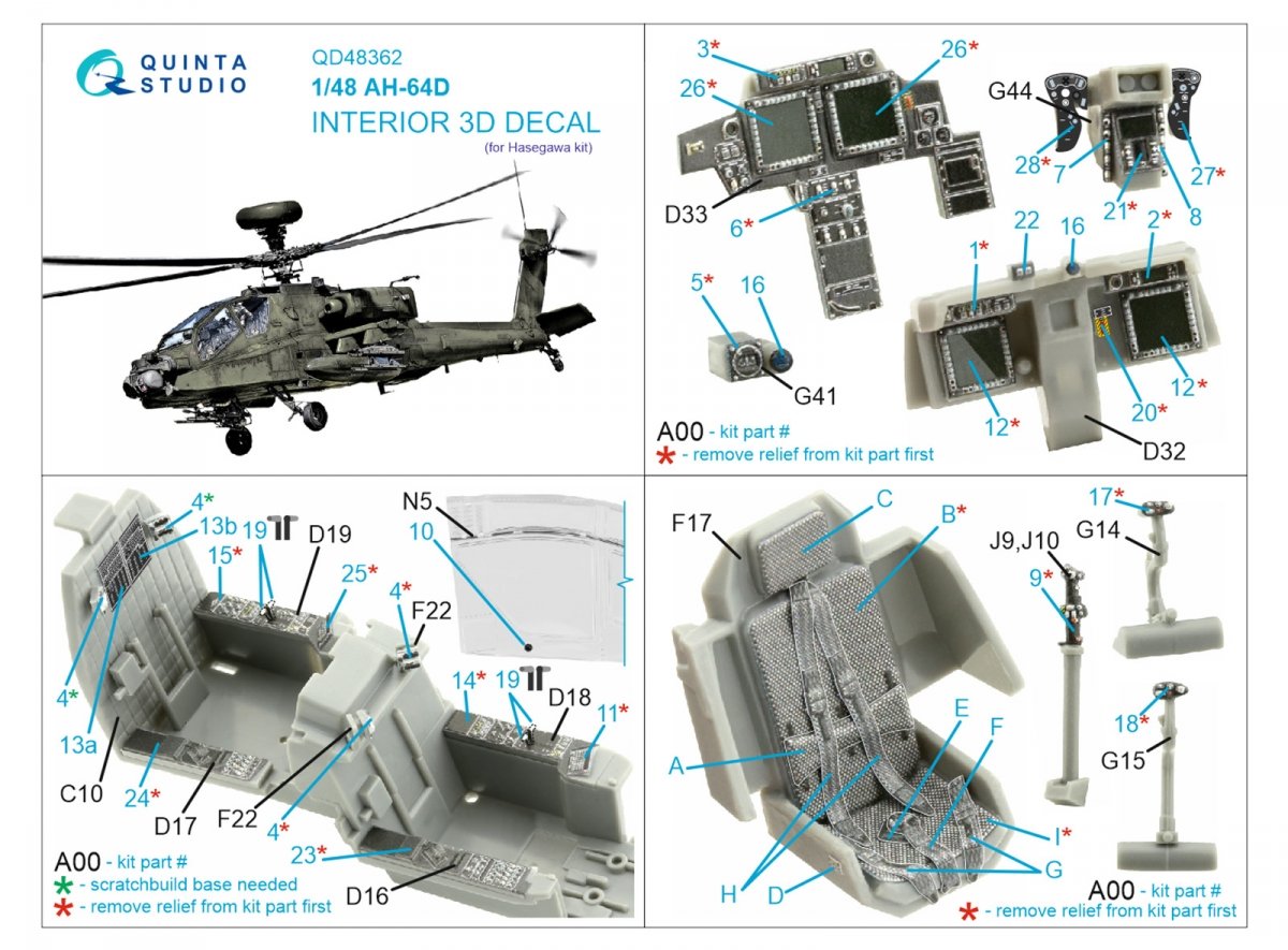 Quinta Studio QD48362 AH-64D 3D-Printed &amp;amp; colored Interior on decal paper (Hasegawa) 1/48 – obrázek 2