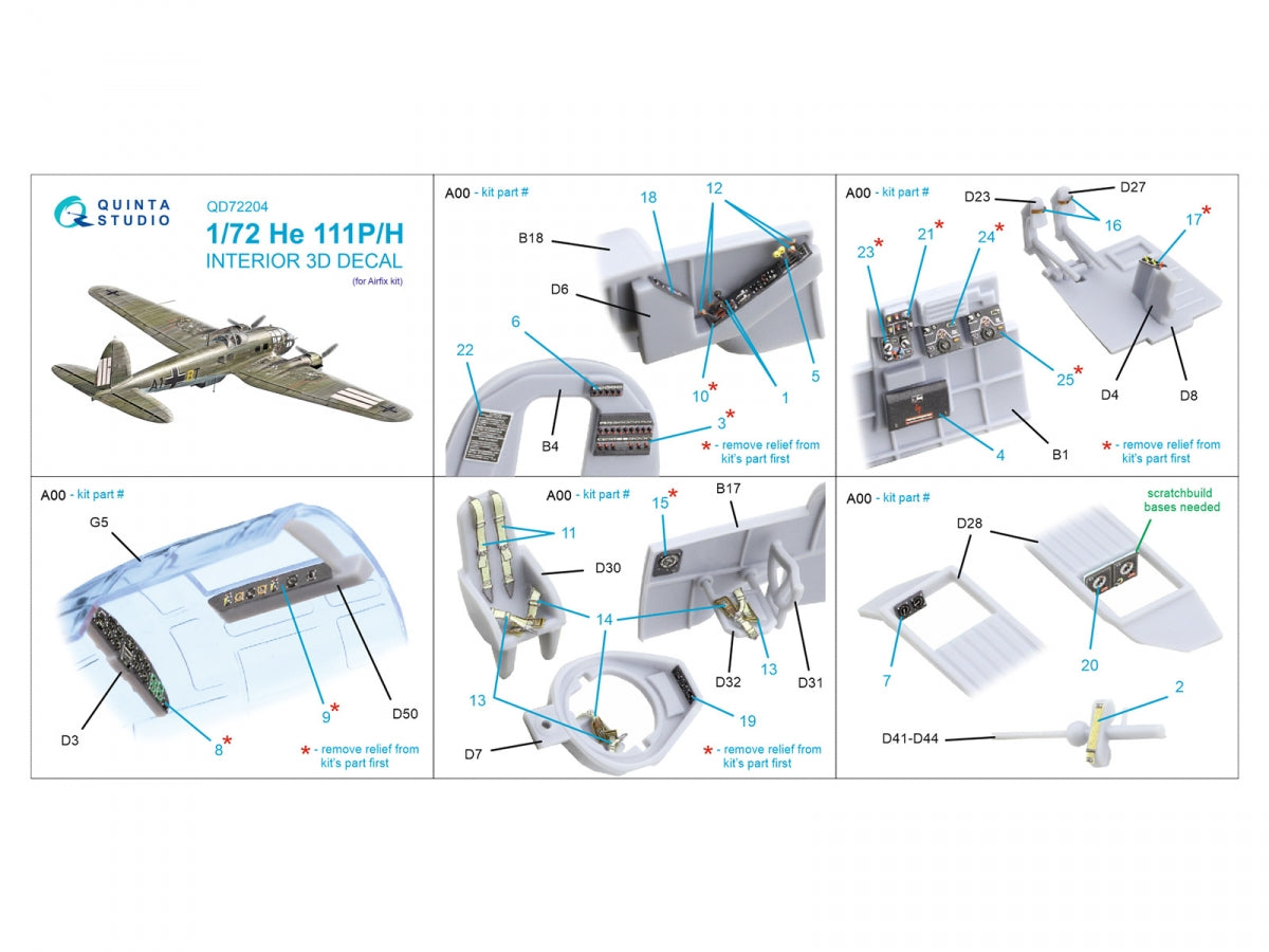 Quinta Studio QD72204 He 111 P/H 3D-Printed &amp;amp; colored Interior on decal paper (Airfix) 1/72 – immagine 11