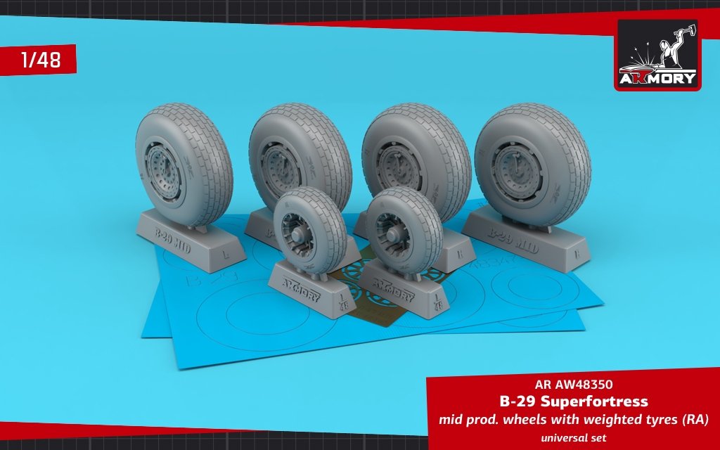 Armory Models AW48350 B-29 Superfortress mid production wheels w/ weighted tires (RA) &amp; PE hubcaps 1/48