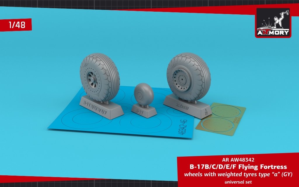 Armory Models AW48342 B-17B/C/D/E/F Flying Fortress wheels w/ weighted tires type “a” (GY) &amp; PE hubcaps 1/48