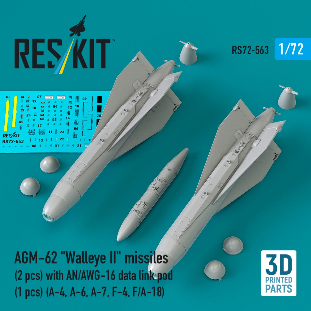 RESKIT RS72-0563 AGM-62 "Walleye II" missiles (2 pcs) with AN/AWG-16 data link pod (1 pcs) (A-4, A-6, A-7, F-4, F/A-18) (3D Printed) 1/72