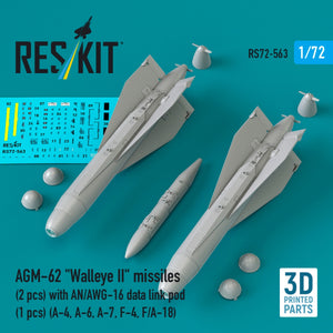 RESKIT RS72-0563 AGM-62 "Walleye II" missiles (2 pcs) with AN/AWG-16 data link pod (1 pcs) (A-4, A-6, A-7, F-4, F/A-18) (3D Printed) 1/72