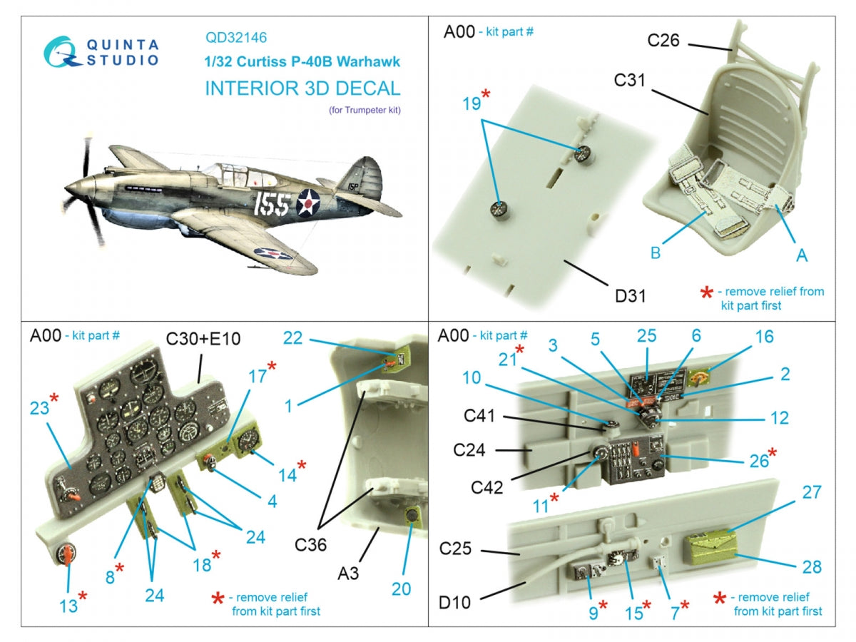 Quinta Studio QD32146 P-40B Warhawk 3D-Printed &amp;amp; colored Interior on decal paper (Trumpeter) 1/32 – Bild 2