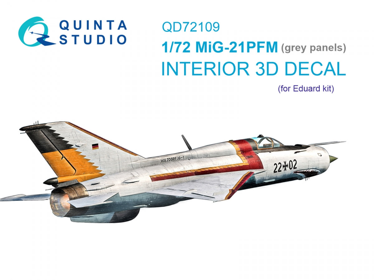 Quinta Studio QD72109 MiG-21PFM Gray panels 3D-Printed &amp;amp; colored Interior on decal paper (Eduard) 1/72