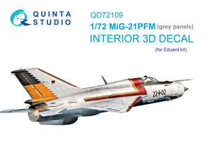 Quinta Studio QD72109 MiG-21PFM Gray panels 3D-Printed &amp;amp; colored Interior on decal paper (Eduard) 1/72
