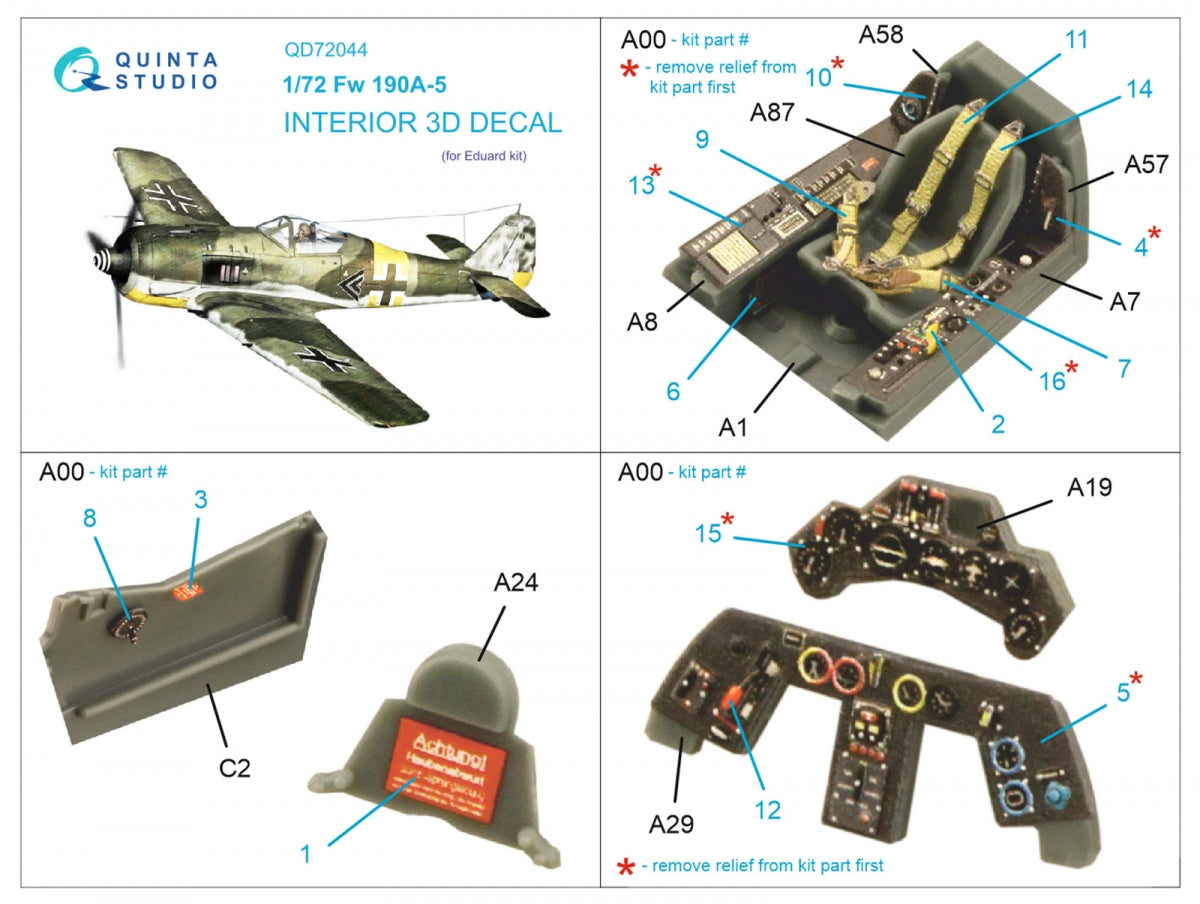 Quinta Studio QD72044 Fw 190A-5 3D-Printed &amp;amp; colored Interior on decal paper (Eduard) 1/72 – image 12