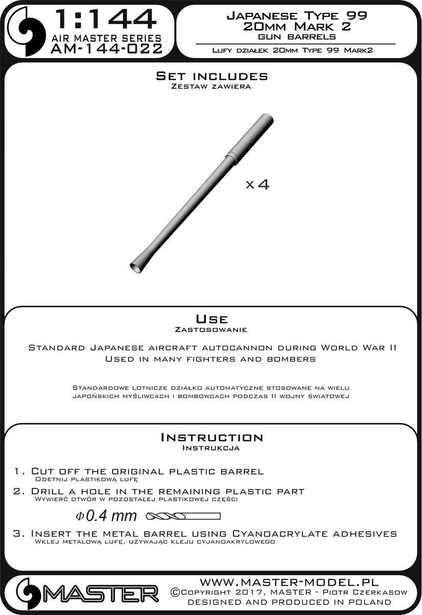 Master AM-144-022 Japanese 20mm Type 99 Mark 2 Cannon Barrels (4 pcs.) (1/144) – obrázek 3