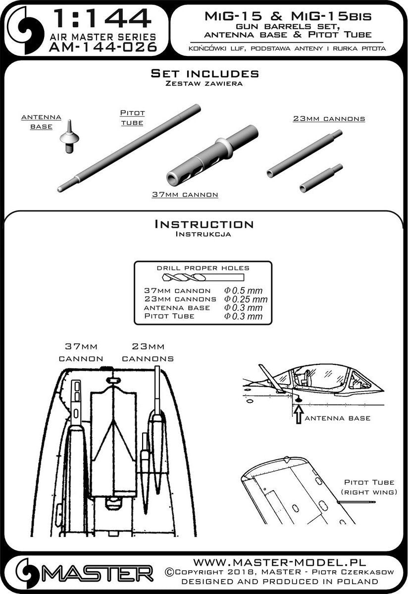 Master AM-144-026 MiG-15, MiG 15 bis - barrel tips, antenna base and pitot tube 1/144 – immagine 3