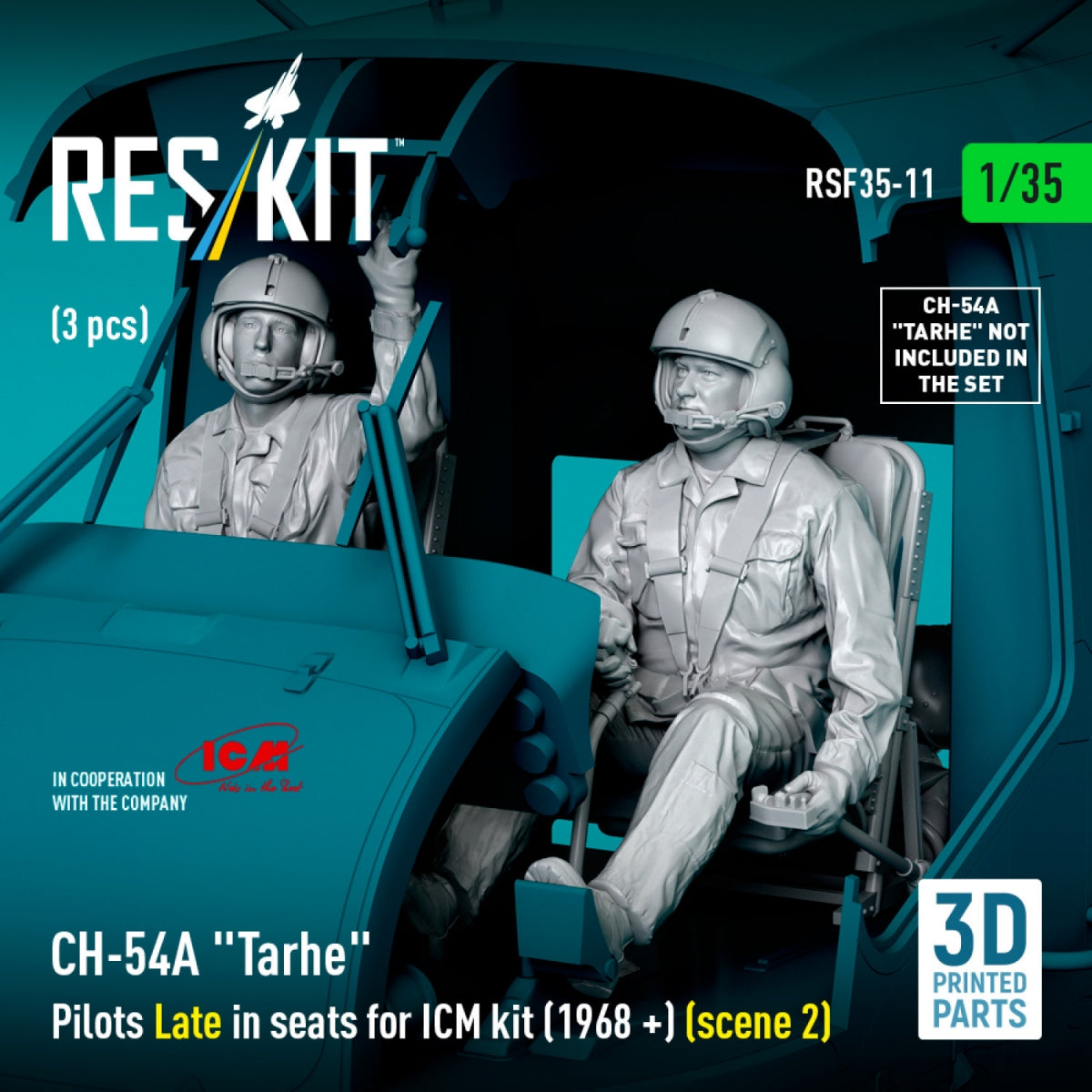RESKIT RSF35-0011 CH-54A &amp;quot;Tarhe&amp;quot; Pilots Late in seats for ICM kit (1968 +) (scene 2) (3 pcs) (3D Printed) 1/35 – obrázek 3