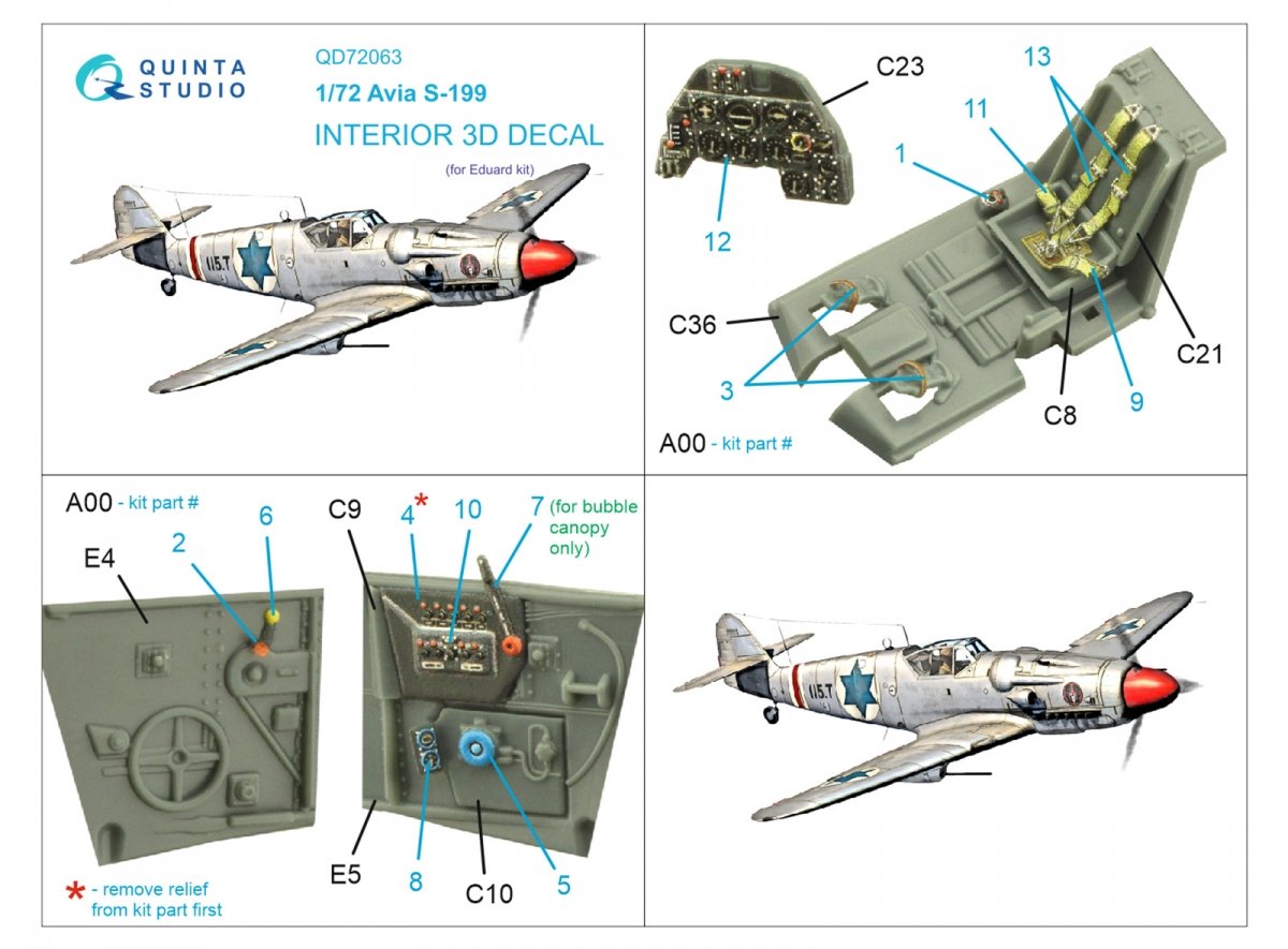 Quinta Studio QD72063 Avia S-199 3D-Printed &amp;amp; colored Interior on decal paper (Eduard) 1/72 – imagen 2