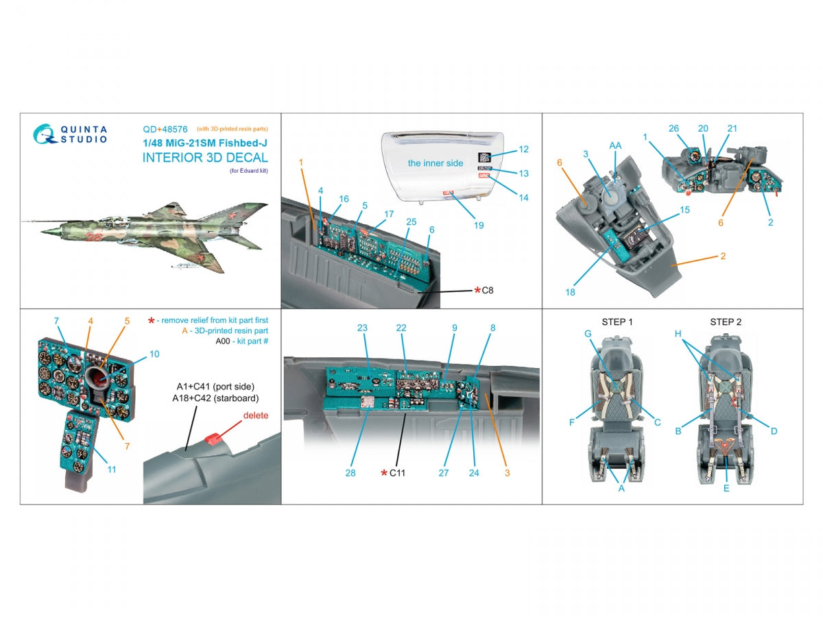 Quinta Studio QD+48576 MiG-21SM Fishbed-J 3D-Printed &amp;amp; colored Interior on decal paper (Eduard) (with 3D-printed resin parts) 1/48 – image 2