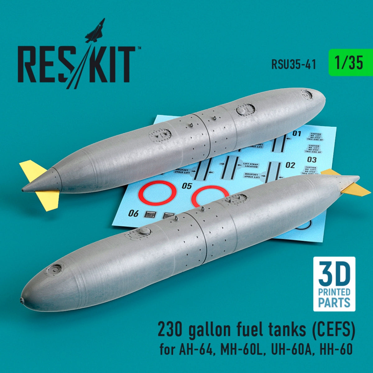 RESKIT RSU35-0041 230 GALLON FUEL TANKS (CEFS) FOR AH-64, MH-60L, UH-60A, HH-60 (3D PRINTED) (2 PCS) 1/35