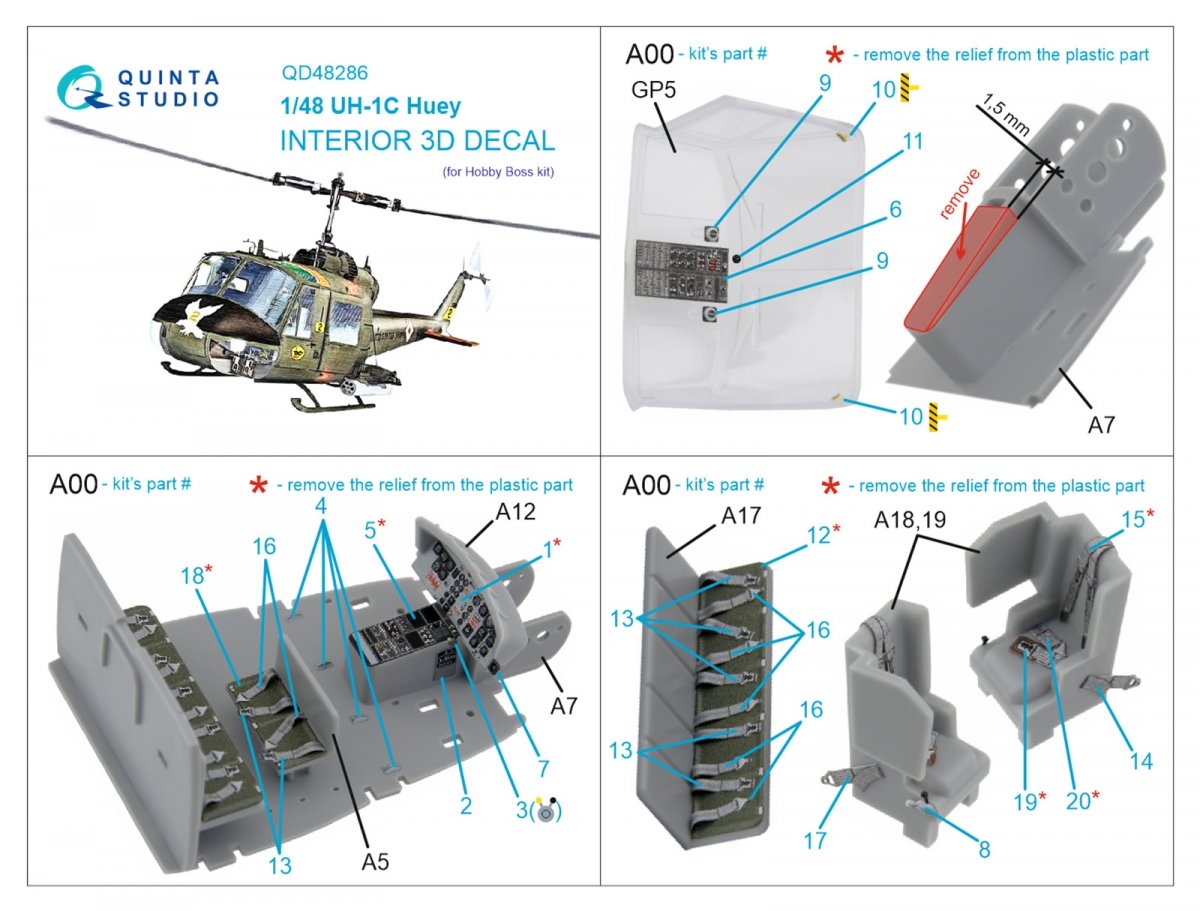 Quinta Studio QD48286 UH-1C 3D-Printed &amp;amp; colored Interior on decal paper (HobbyBoss) 1/48 – Bild 2