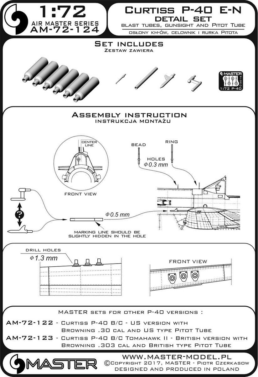Master AM-72-124 Curtiss P-40 E - N - detail set - MG covers, gunsight and pitot tube (1/72) – Bild 4