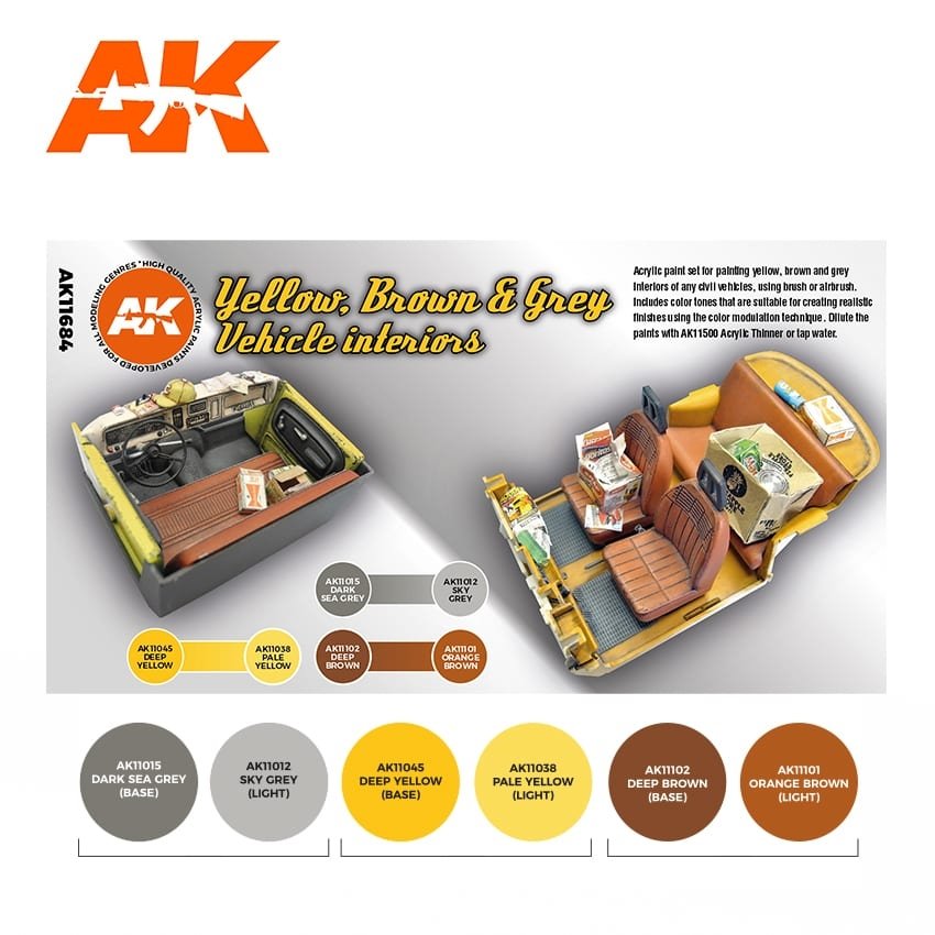 AK Interactive AK11684 3G YELLOW, BROWN &amp;amp; GRAY VEHICLE INTERIORS 6x17 ml – Bild 2