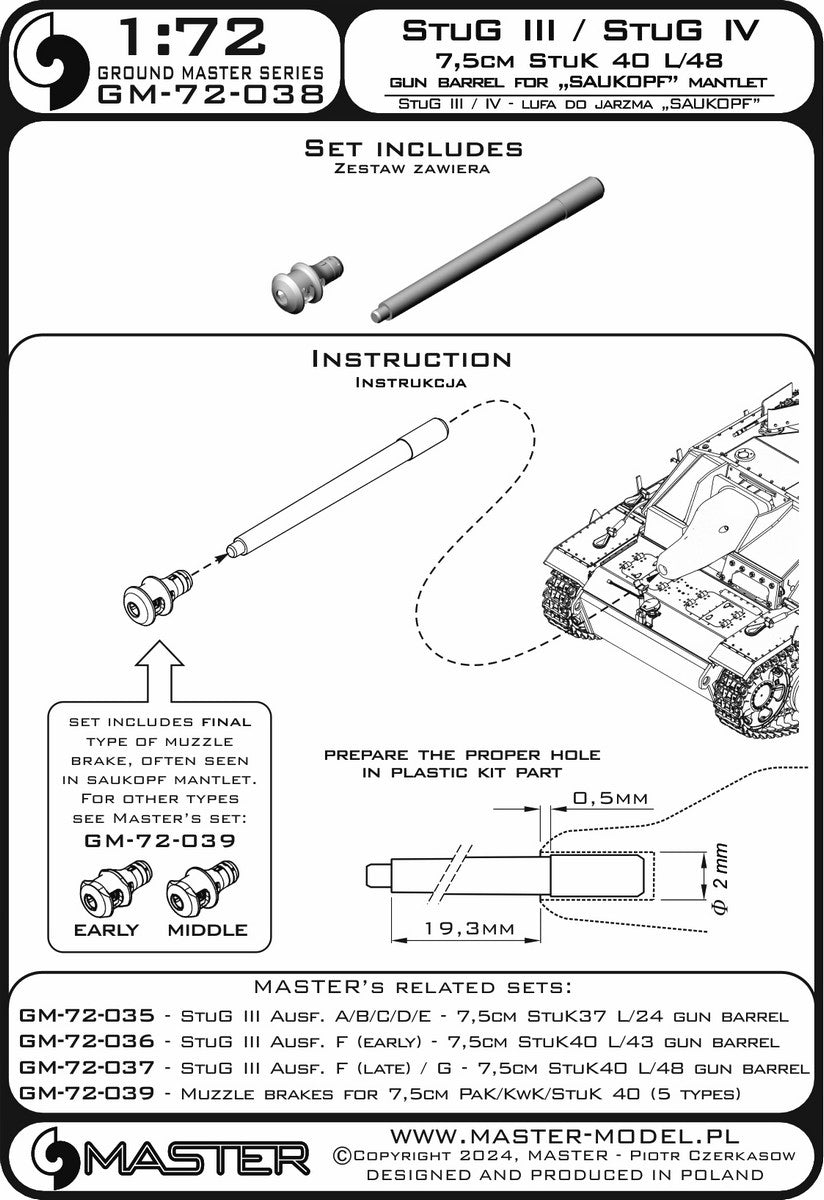 Master GM-72-038 StuG III / StuG IV - 7.5cm StuK 40 L/48 - working barrel with resin muzzle brake for &amp;quot;Saukopf&amp;quot; type mantlet (set does not include mantlet) 1/72 – Bild 5