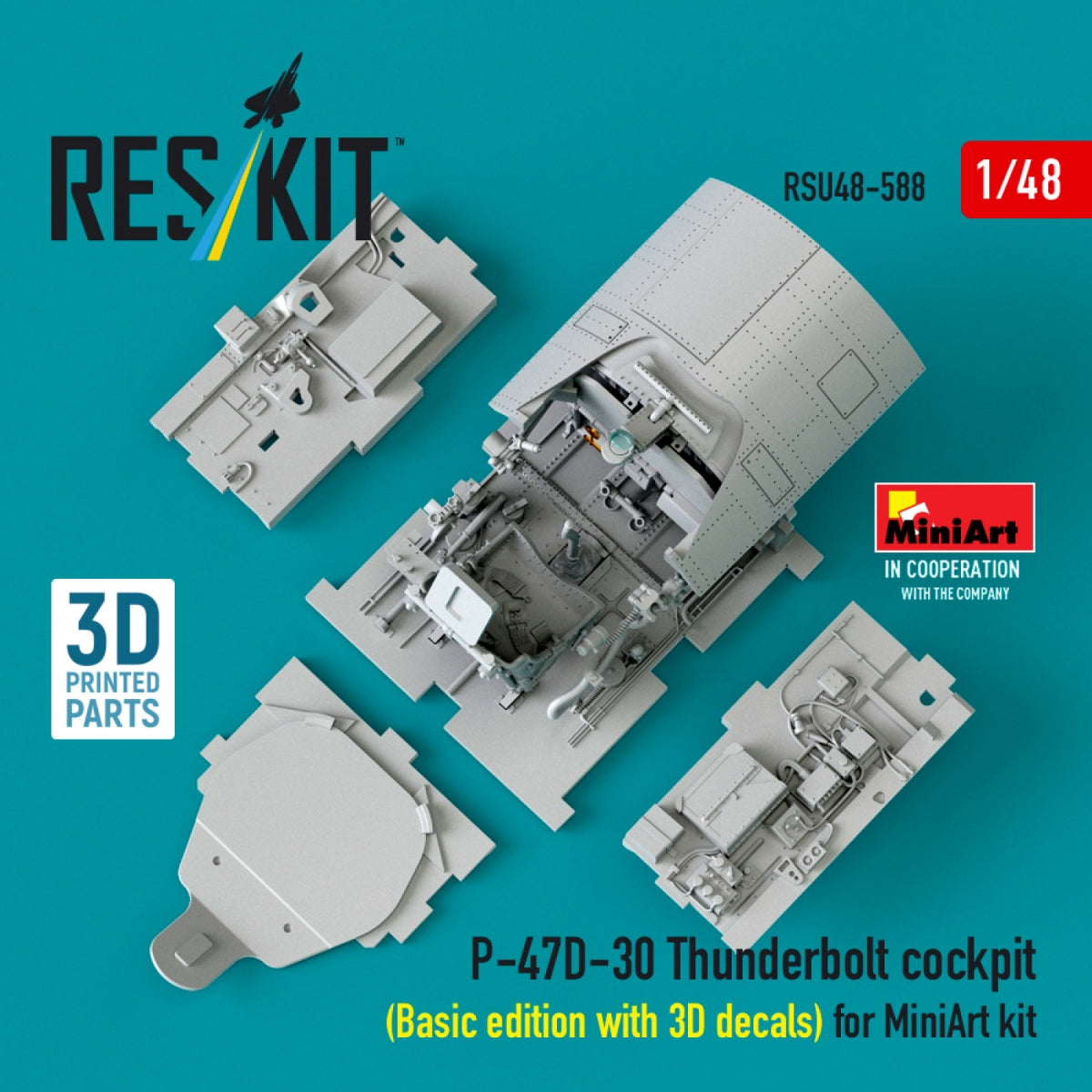 RESKIT RSU48-0588 P-47D-30 Thunderbolt cockpit (Basic edition with 3D decals) for MiniArt kit (3D Printed) 1/48