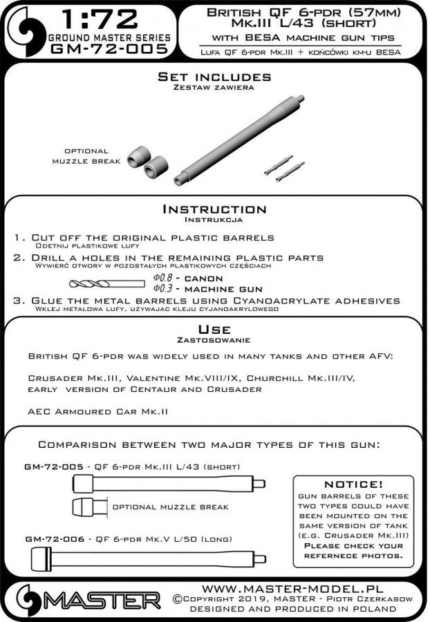 Master GM-72-005 British QF 6-pdr (57mm) - version Mk.III L/43 (short) + Besa MG tips - for Crusader Mk.III, Churchill Mk.III/IV, Valentine Mk.VIII/IX 1/72 – Bild 5