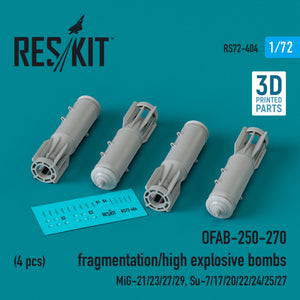 RESKIT RS72-0404 OFAB-250-270 bombes à fragmentation/à haut pouvoir explosif (4 pièces) (Impression 3D) 1/72