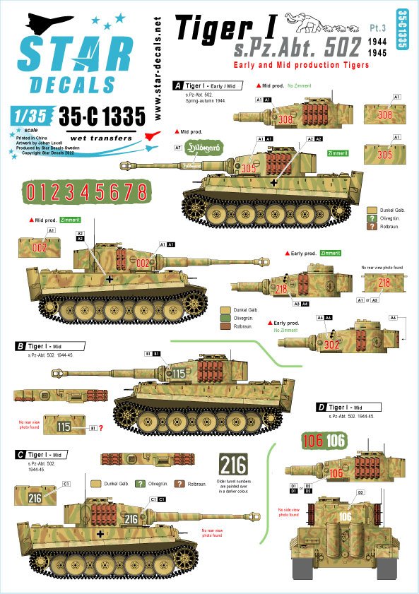 Star Decals 35-C1335 Tiger I. sPzAbt 502 # 3. Early/Mid production Tigers 1944-45. 1/35