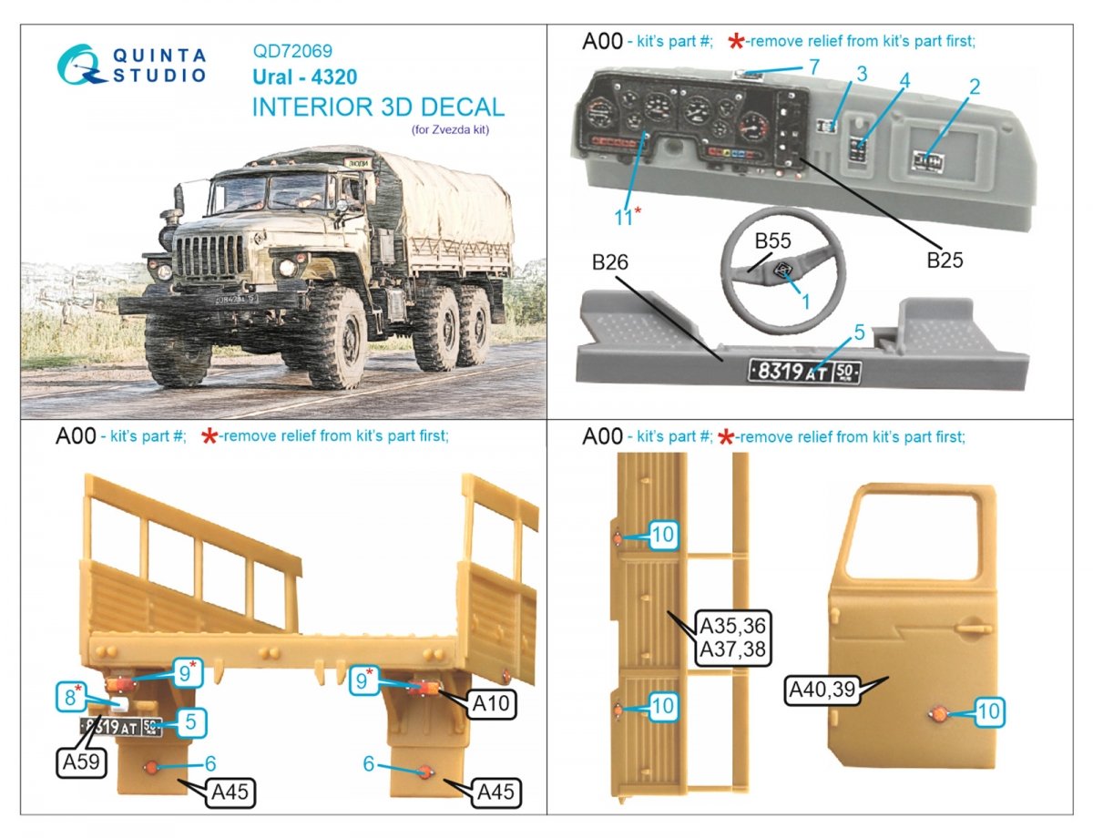 Quinta Studio QD72069 Ural-4320 3D-Printed &amp;amp; colored Interior on decal paper (Zvezda) 1/72 – Bild 6