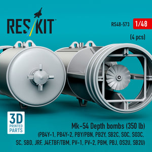 RESKIT RS48-0573 Mk-54 Depth bombs (350 lb) (4 pcs) (PB4Y-1, PB4Y-2, PBY/PBN, PB2Y, SB2C, SOC, SO3C, SC, SBD, JRF, J4F, TBF/TBM, PV-1, PV-2, PBM, PBJ, OS2U, SB2U) (3D Printed) 1/48