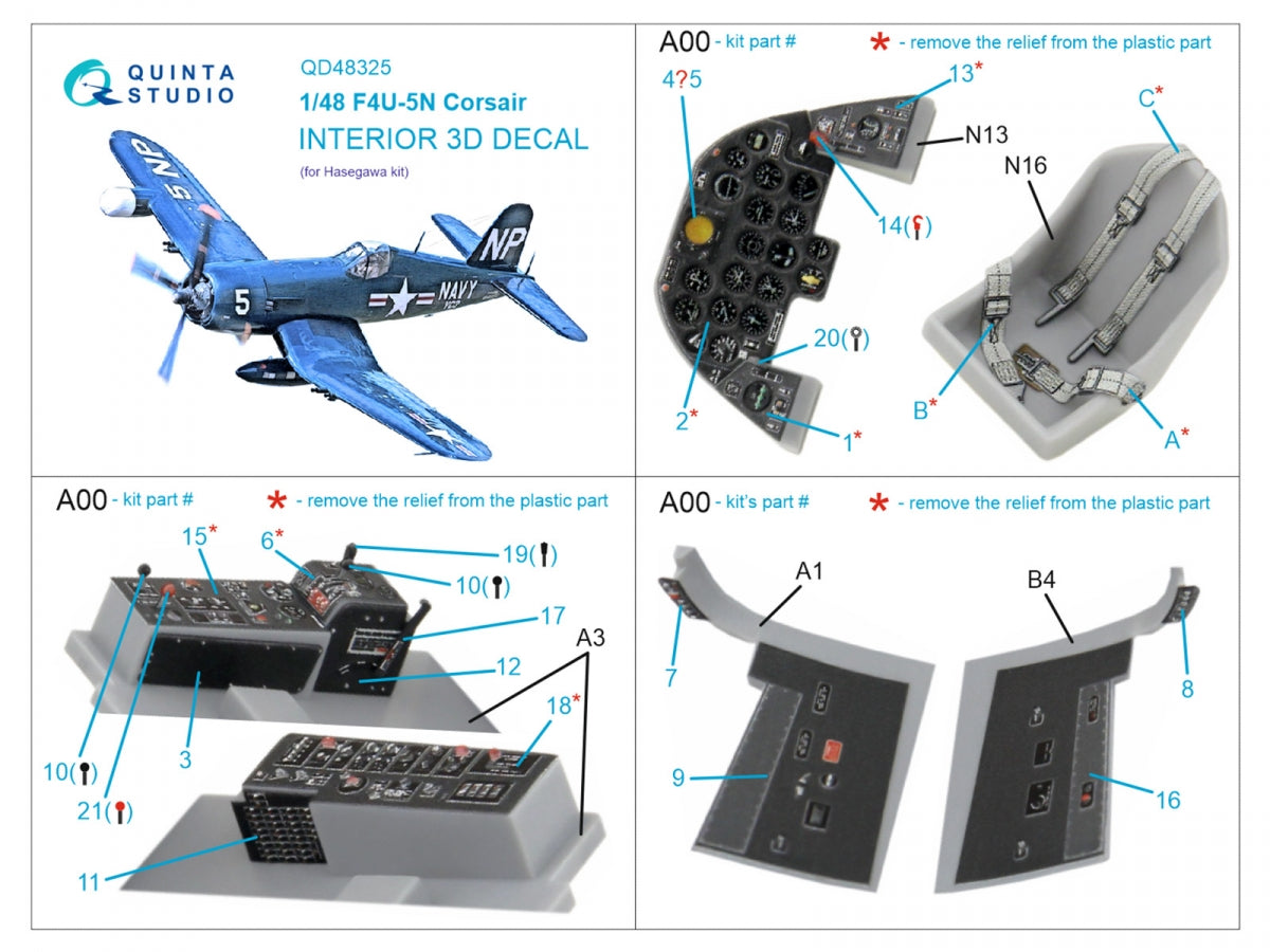 Quinta Studio QD48325 F4U-5N 3D-Printed &amp;amp; colored Interior on decal paper (Hasegawa) 1/48 – immagine 2
