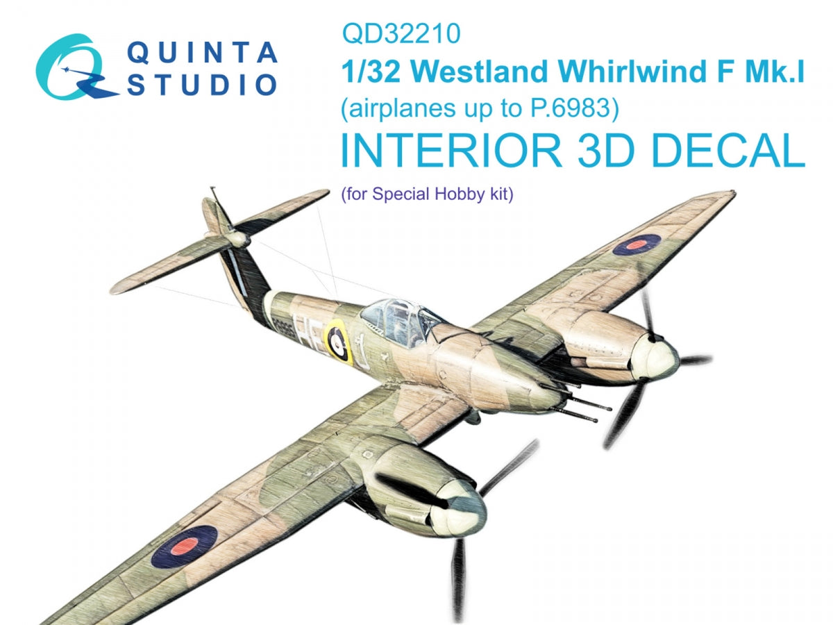 Quinta Studio QD32210 Westland Whirlwind F Mk.I 3D-Printed &amp; colored Interior on decal paper (Special Hobby) 1/32