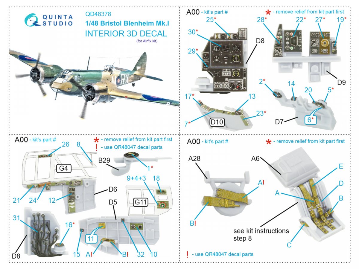 Quinta Studio QD48378 Bristol Blenheim Mk.I 3D-Printed &amp;amp; colored Interior on decal paper (Airfix) 1/48 – image 12