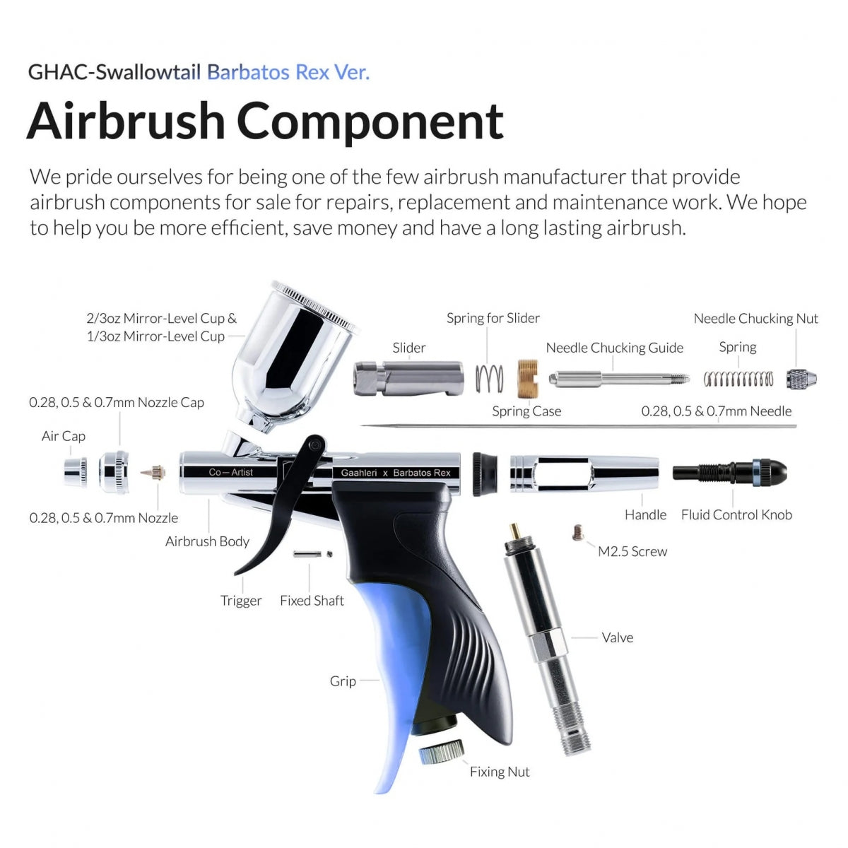 Gaahleri 42564 Ace Series GHAC-Swallowtail &amp; Barbatos Rex 0,28 &amp; 0,5 &amp; 0,7 mm Airbrush