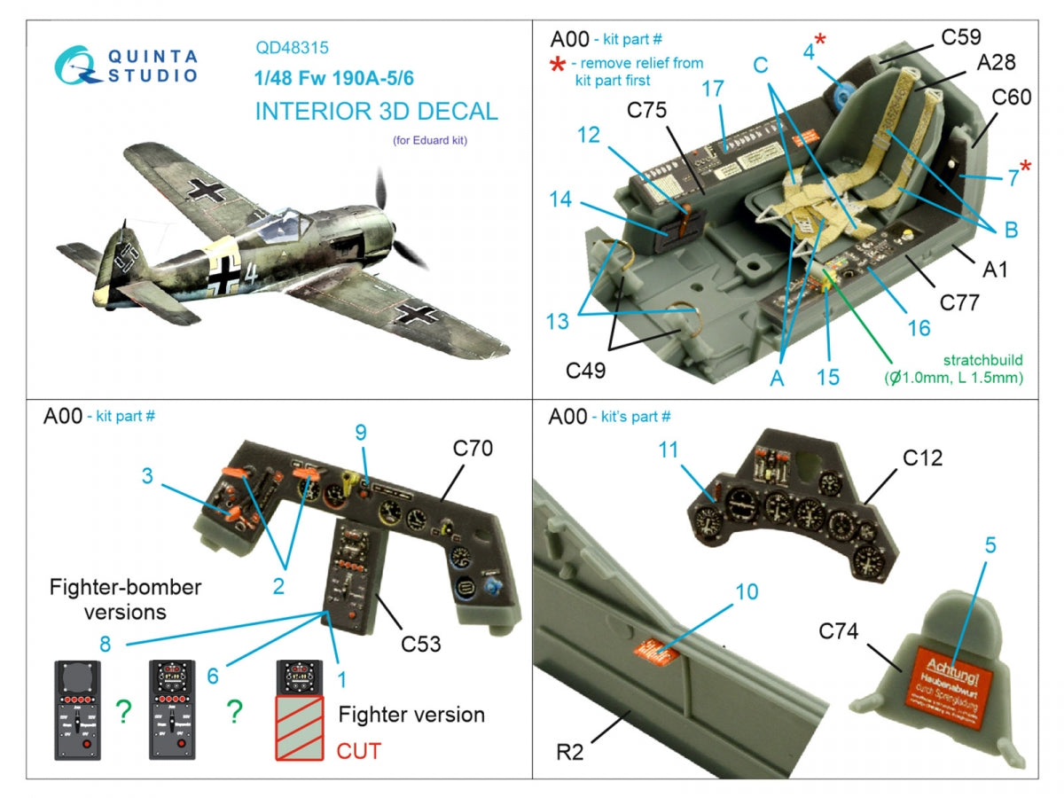 Quinta Studio QD48315 Fw 190A-5/6 3D-Printed &amp;amp; colored Interior on decal paper (Eduard) 1/48 – image 2
