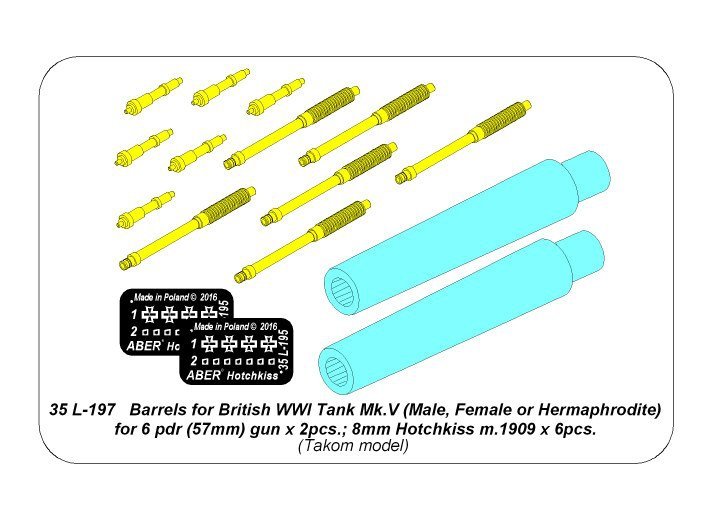 Aber 35L-197 Barrels for British WWI Tank Mk.V (Male, Female or Hermaphrodite) for 6 pdr (57mm) gun x 2pcs. 8mm Hotchkiss m.1909 x 6pcs. 1/35 – Bild 6