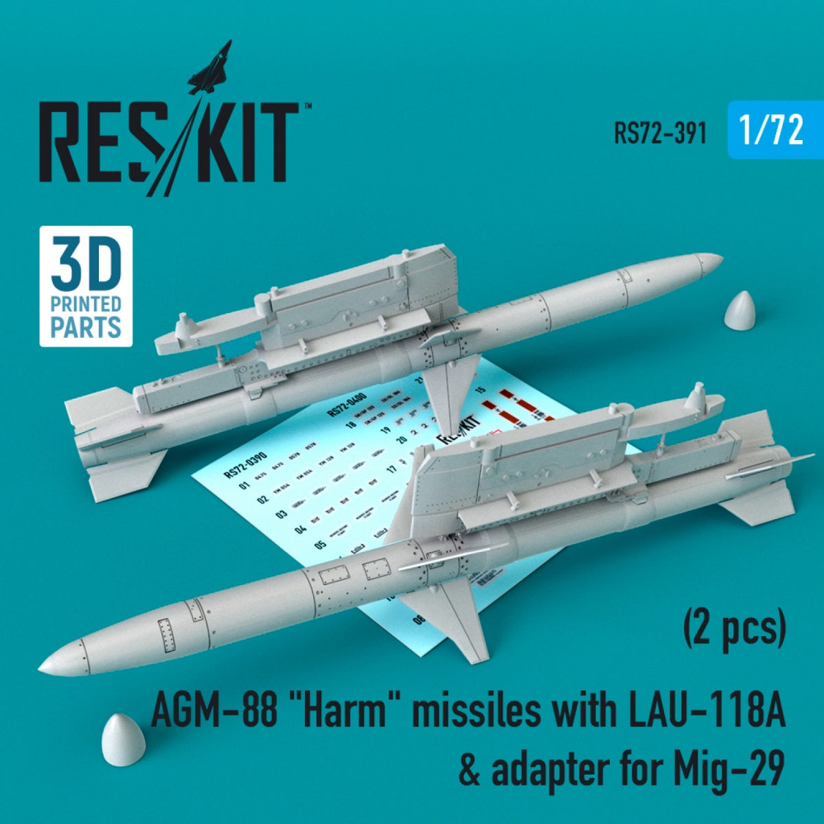 RESKIT RS72-0391 AGM-88 "HARM" MISSILES WITH LAU-118 &amp; ADAPTER FOR MIG-29 (2 PCS) 1/72