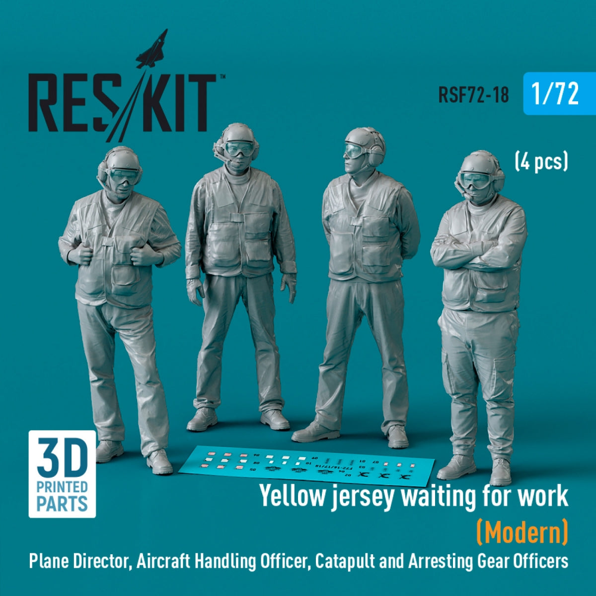 RESKIT RSF72-0018 Yellow jersey waiting for work (Modern) Plane Director, Aircraft Handling Officer, Catapult and Arresting Gear Officers (4 pcs) (3D Printed) 1/72