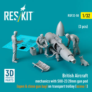 RESKIT RSF32-0050 British Aircraft mechanics with SUU-23 20mm gun pod (open &amp; close gun bay) on on transport trolley (scene 1) (3 pcs) (3D Printed) 1/32