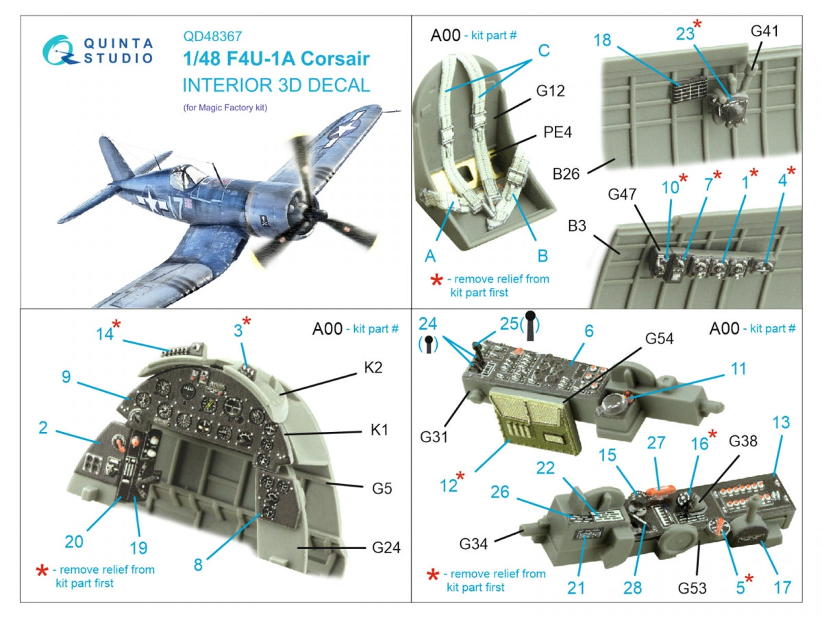 Quinta Studio QD48367 F4U-1A 3D-Printed &amp;amp; colored Interior on decal paper (Magic Factory) 1/48 – Bild 2