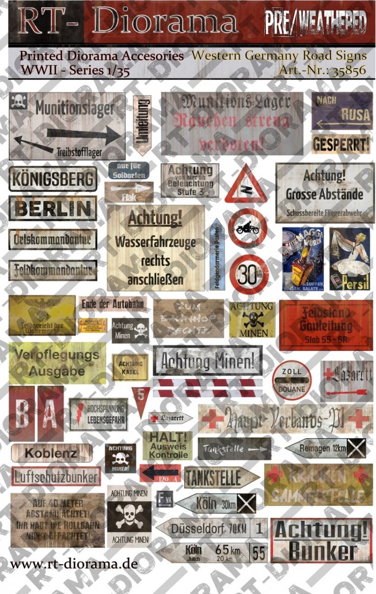 Accessoires imprimés RT-Diorama 35856 : Panneaux de signalisation – Allemagne de l’Ouest – Échelle 1/35