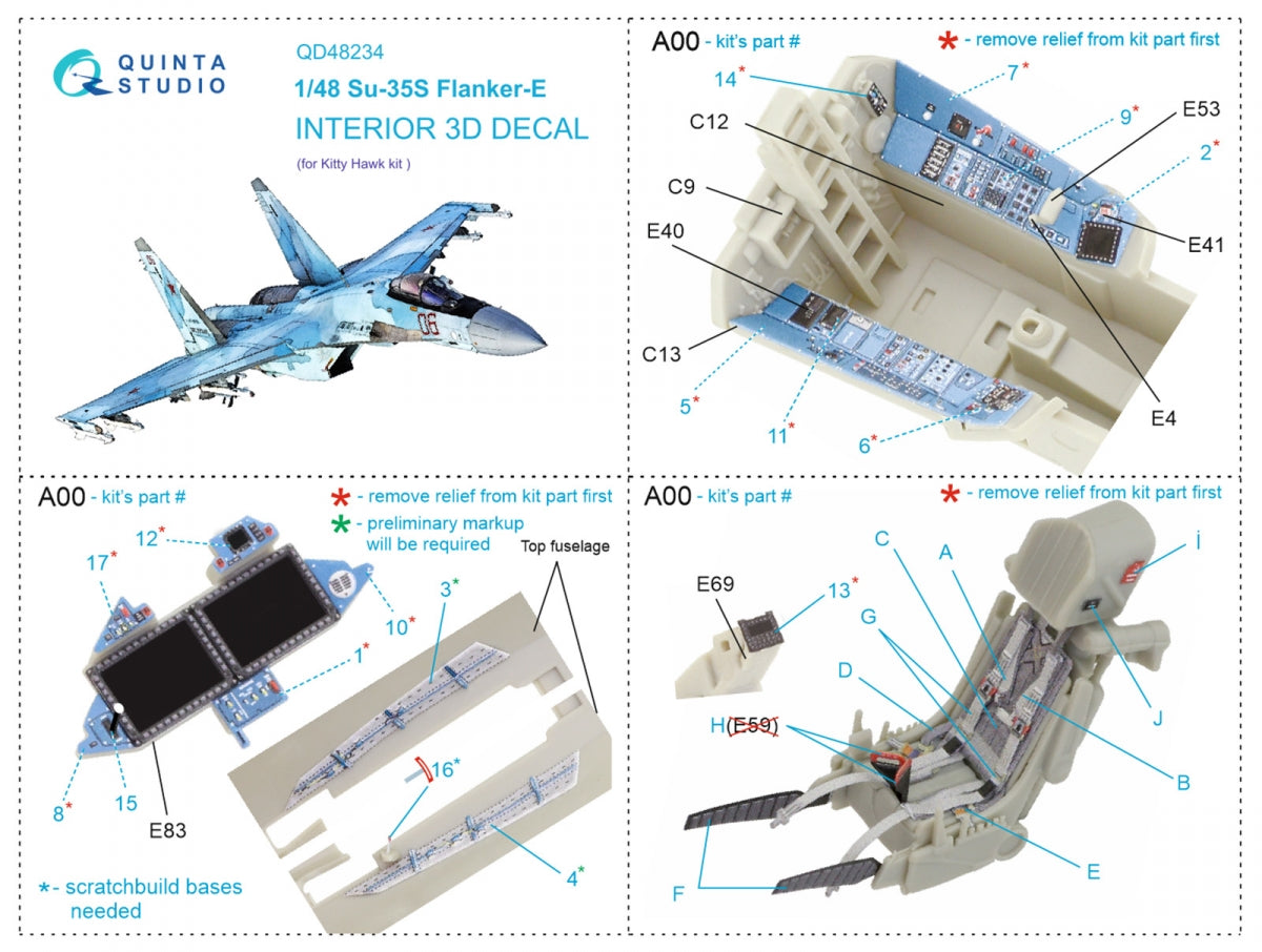 Quinta Studio QD48234 Su-35S 3D-Printed &amp;amp; colored Interior on decal paper (KittyHawk) 1/48 – Bild 2