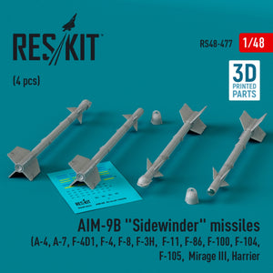 RESKIT RS48-0477 AIM-9B &amp;quot;Sidewinder&amp;quot; missiles (4 pcs) (3D Printed) 1/48