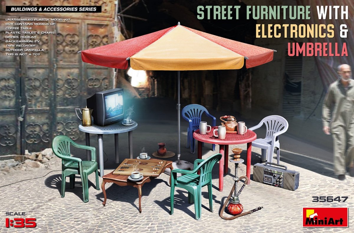 MiniArt 35647 STREET FURNITURE WITH ELECTRONICS &amp; UMBRELLA 1/35