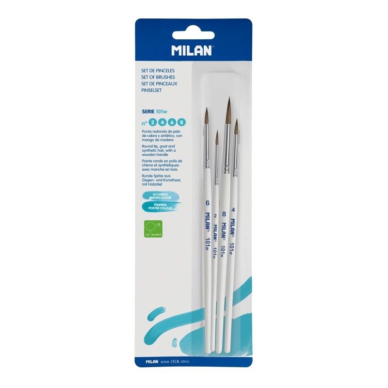 Milan 10468 Blister pack 4 round brushes (goat &amp;amp; synthetic hair) white handle 101w series no 2, 4, 6 and 8
