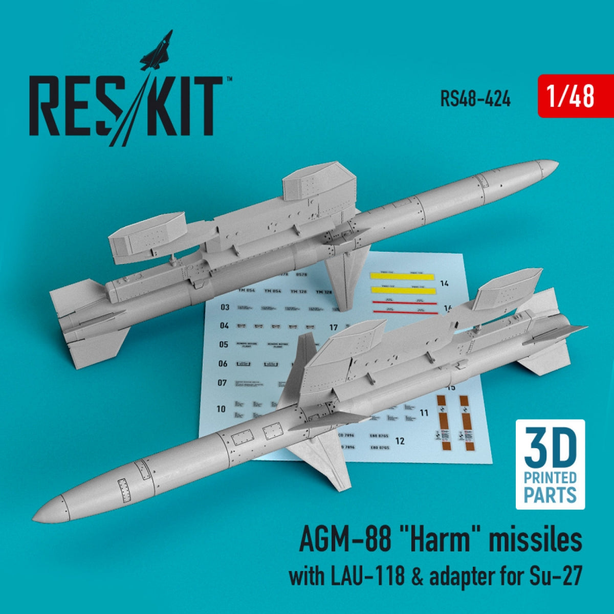 RESKIT RS48-0424 AGM-88 &amp;quot;HARM&amp;quot; MISSILES WITH LAU-118 &amp;amp; ADAPTER FOR SU-27 (2 PCS) 1/48