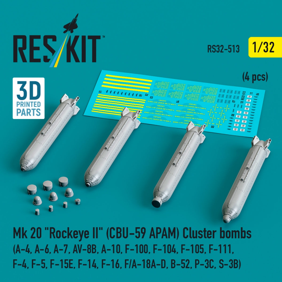 RESKIT RS32-0513 Mk 20 &amp;quot;Rockeye II&amp;quot; (CBU-59 APAM) Cluster bombs (4 pcs) (3D Printed) 1/32