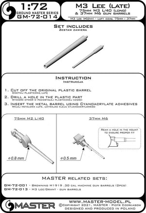 Master GM-72-014 M3 Lee (late production) - weapon barrels - 75mm M3 L/40 (long) and 37mm M6 1/72 – imagen 3