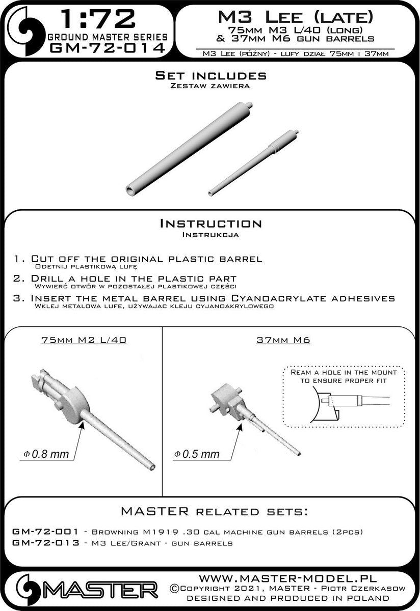 Master GM-72-014 M3 Lee (late production) - weapon barrels - 75mm M3 L/40 (long) and 37mm M6 1/72 – imagen 3
