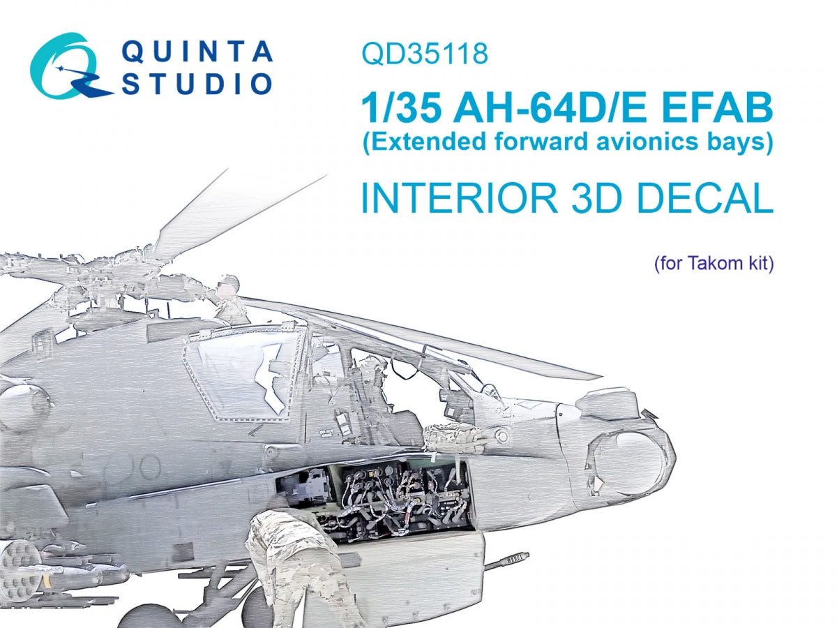 Quinta Studio QD35118 AH-64D Extended forward avionics bays 3D-Printed &amp; colored Interior on decal paper (Takom) 1/35