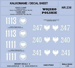 Weikert Decals DEC236 POLISH ARMY - T-34/85 TANK - 1st Armored Corps 1/35