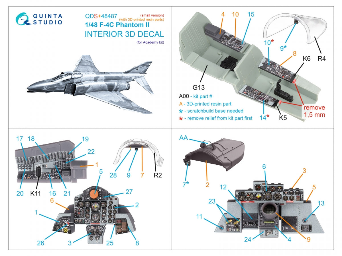 Quinta Studio QDS+48487 F-4C Phantom II 3D-Printed &amp;amp; colored Interior on decal paper (Academy) (Small version) (with 3D-printed resin parts) 1/48 – immagine 3